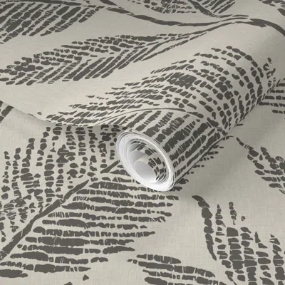 Spoonflower Pre-pasted Wallpaper Textured Organic Leaves On Linen - Charcoal Grey And Cream  Removable