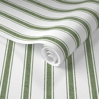 Spoonflower Pre-pasted Wallpaper Textured Ticking Stripes Classic Country Farmhouse Olive Green On White 2' X 12
