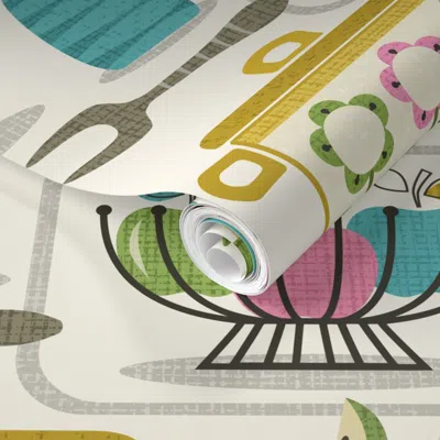 Spoonflower Pre-pasted Wallpaper The Collectible Kitchen - Pink - Turquoise - Green - Goldenrod 2' X 12' Removab