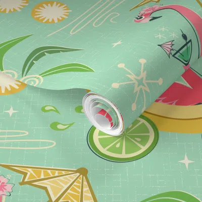Spoonflower Pre-pasted Wallpaper The Flamingo Resort  Removable In Green/brown