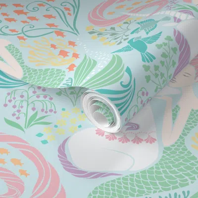Spoonflower Pre-pasted Wallpaper The Mermaid And The Unicorn Pastel 20200917 - Sample Only 2' X 12' Removable