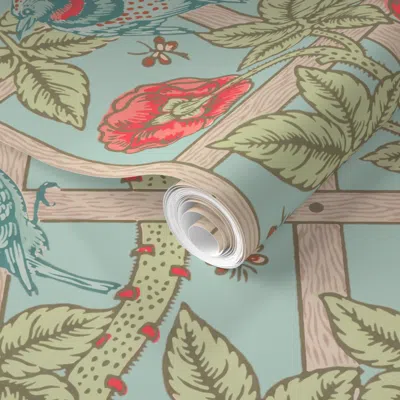 Spoonflower Pre-pasted Wallpaper The William Morris Collection Birds On A Trellis Eau De Nil 2' X 12' Removable