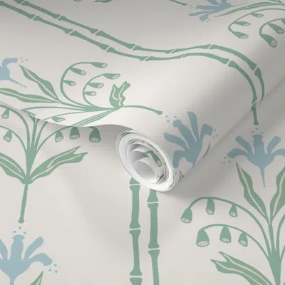 Spoonflower Pre-pasted Wallpaper Theresa Floral Stripe Blue Green Bamboo Preppy Chinoiserie 2' X 12' Removable