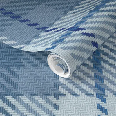 Spoonflower Pre-pasted Wallpaper Thin Cross Line Plaid In Monochrome Blue 2' X 12' Removable