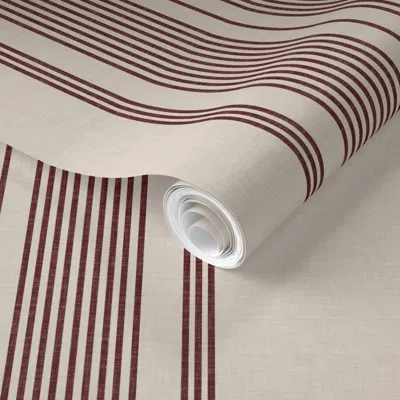 Spoonflower Pre-pasted Wallpaper Thin Ticking Stripes Deep Burgundy And Cream Rustic Classic Traditional L  Remo