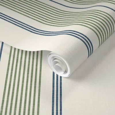 Spoonflower Pre-pasted Wallpaper Thin Ticking Stripes Navy Blue Mossy Green And Cream Timeless Interiors L 2' X 