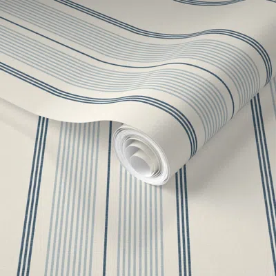 Spoonflower Pre-pasted Wallpaper Thin Ticking Stripes Navy Blue Sky Blue And Cream Nautical Interior Medium  Rem