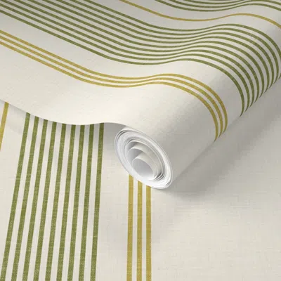 Spoonflower Pre-pasted Wallpaper Thin Ticking Stripes Olive Green Ochre And Cream Modern Woodland Cabin (l) 2' X