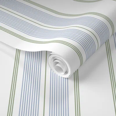 Spoonflower Pre-pasted Wallpaper Thin Ticking Stripes Soft Blue And Moss Green Grandmillennial Style Medium 2' X