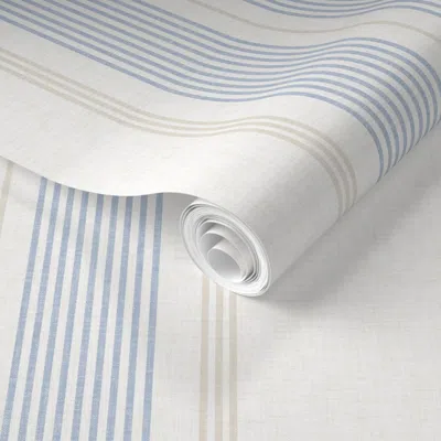 Spoonflower Pre-pasted Wallpaper Thin Ticking Stripes Soft Cornflower Blue Tan Cream Off White Coastal Large 2' 