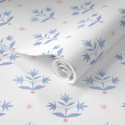 Spoonflower Pre-pasted Wallpaper Thistle Stars Custom Blue With Pink Copy 2' X 12' Removable