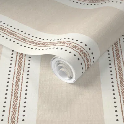 Spoonflower Pre-pasted Wallpaper Ticking Dot Stripe-linen Texture Natural Linen Sw9109 With Mocca 2' X 12' Remov