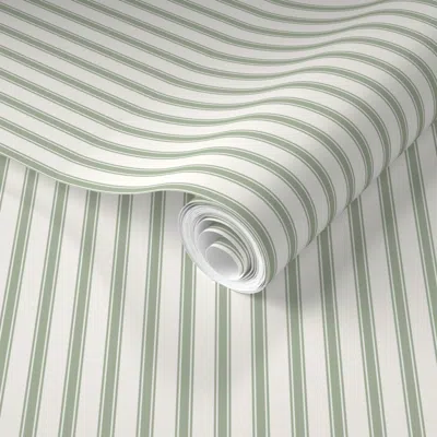 Spoonflower Pre-pasted Wallpaper Ticking Stripe Sage Green & Cream Pillow Ticking 2' X 12' Removable