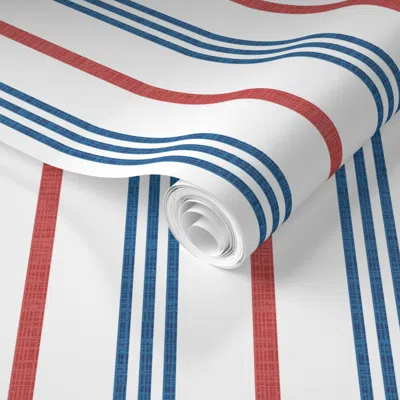 Spoonflower Pre-pasted Wallpaper Ticking Stripes - Textured Dark Blue And Red On Pure White 2' X 12' Removable