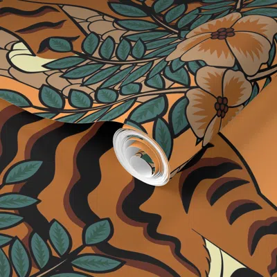 Spoonflower Pre-pasted Wallpaper Tiger And Peacock Orange (extra Large Scale) 2' X 12' Removable