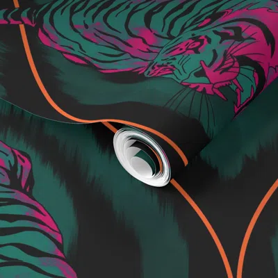 Spoonflower Pre-pasted Wallpaper Tiger Spirit - Black & Teal & Pink - Extra Large 2' X 12' Removable