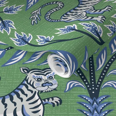 Spoonflower Pre-pasted Wallpaper Tigers And Palms/green And Blue/jumbo 2' X 12' Removable