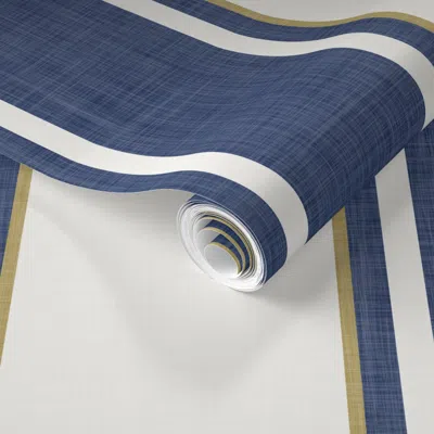 Spoonflower Pre-pasted Wallpaper Timeless Chunky Linen Stripe End Navy Blue Cloud Dancer Mustard Gold  Removable