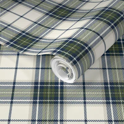 Spoonflower Pre-pasted Wallpaper Timeless-plaid-ivory Background W/ Navy Blue Olive Green And Khaki Stripes 2' X