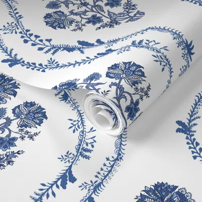 Spoonflower Pre-pasted Wallpaper Tina In Blues And White  Removable
