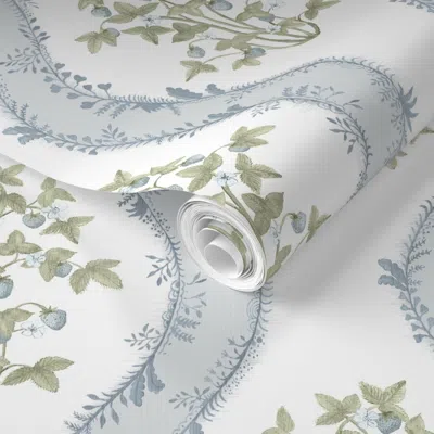 Spoonflower Pre-pasted Wallpaper Tina Strawberry Banks Light2 Blues And Greenvine 2' X 12' Removable