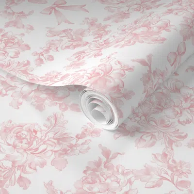 Spoonflower Pre-pasted Wallpaper Tiny Blush Pink Rococo Toile Roses With Pink Bows Coquette Vintage Floral 2' X 