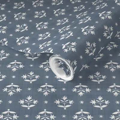 Spoonflower Pre-pasted Wallpaper Tiny Thistle Stars Cream2 On Vanduessen Blue 2' X 12' Removable