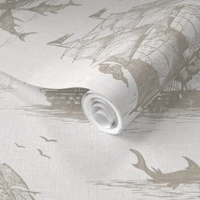 Spoonflower Pre-pasted Wallpaper Toile Bateaux - Neutral Calm Colors - Large Scale 2' X 12' Removable