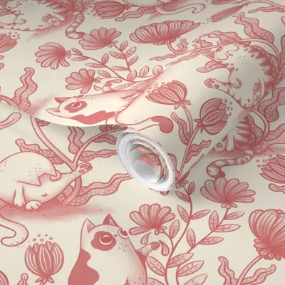 Spoonflower Pre-pasted Wallpaper Toile De Cat - Small Scale - Pink 2' X 12' Removable