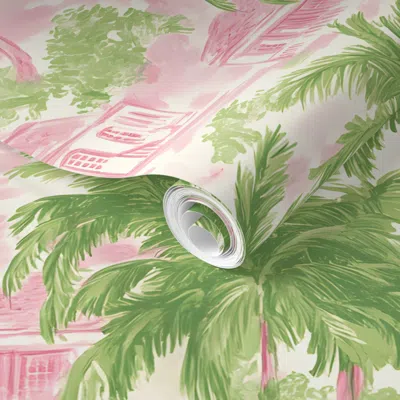 Spoonflower Pre-pasted Wallpaper Toile The Sway Home In Pink/green On White 2' X 12' Removable