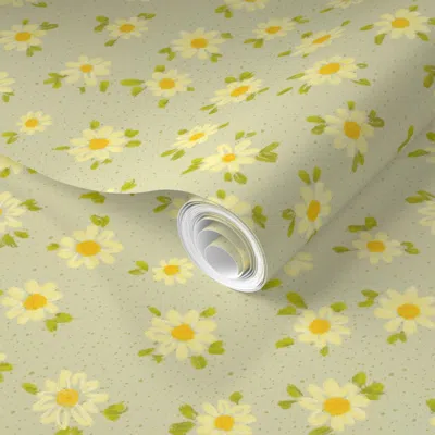 Spoonflower Pre-pasted Wallpaper Tossed Ditty Hand Painted Textured Daisies On Pastel Sage Olive Green Small 2' 