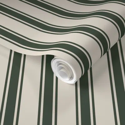 Spoonflower Pre-pasted Wallpaper Traditional Thin Ticking Stripes Vertical Pine Green Clay Beige 1 Inch Pin 2' X