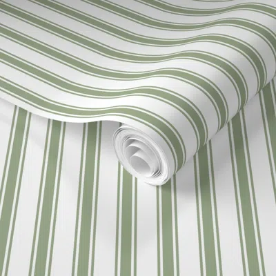 Spoonflower Pre-pasted Wallpaper Traditional Thin Ticking Stripes Vertical Soft Sage Green White 1/2 In Pin  Rem