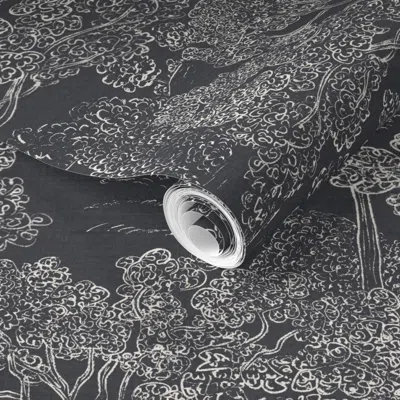 Spoonflower Pre-pasted Wallpaper Trees Toile De Jouy White On Black 2' X 12' Removable