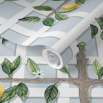 Spoonflower Pre-pasted Wallpaper Trellis And Lemon Espalier Branch  Removable In White