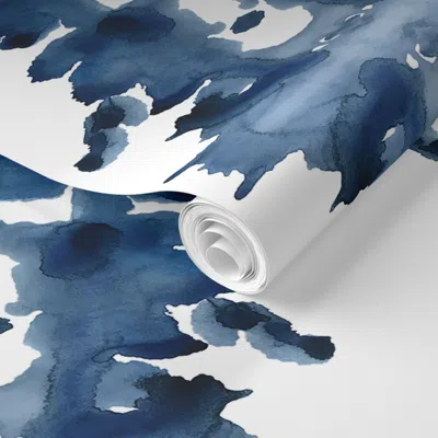 Spoonflower Pre-pasted Wallpaper Triple Indigo Ink Blot 2' X 12' Removable In Multi