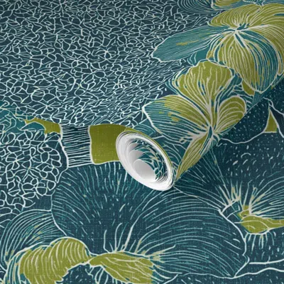 Spoonflower Pre-pasted Wallpaper Tropical Botanical Palm Hibiscus Jungle Line Art Lime And Teal 2' X 12' Removab In Blue