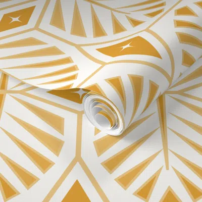 Spoonflower Pre-pasted Wallpaper Tropical Deco Tile-pool Party-beach Coastal-palm-marigold Amber-medium 2' X 12'