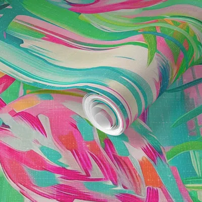 Spoonflower Pre-pasted Wallpaper Tropical Flamingo Painting Pattern - Miami Style Decor 2' X 12' Removable