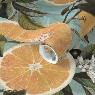 Spoonflower Pre-pasted Wallpaper Tropical Fruit Cocktail Orange Luxurious Nostalgic Summer Exotic Garden 2' X 12