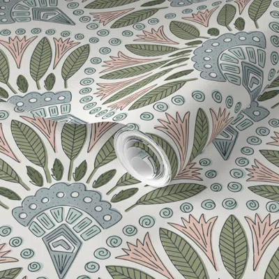 Spoonflower Pre-pasted Wallpaper Tropical Garden Scalloped Multicolor  Removable