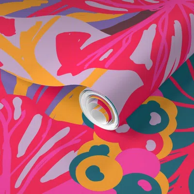 Spoonflower Pre-pasted Wallpaper Tropical Hawaiian Leaves + Sea Grapes In Maroon + Lilac 2' X 12' Removable In Burgundy