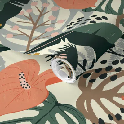 Spoonflower Pre-pasted Wallpaper Tropical Leaves White Eggshell 2' X 12' Removable