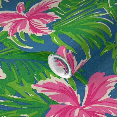 Spoonflower Pre-pasted Wallpaper Tropical Palm & Hibiscus - Bold Pink Green Floral Pattern - Island Decor 2' X 1