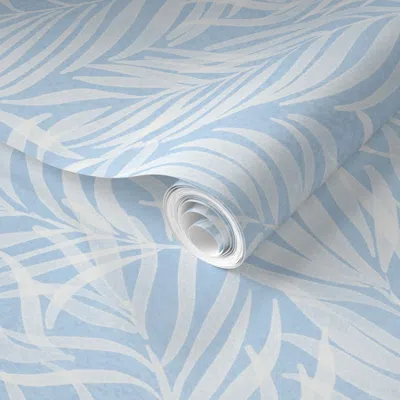 Spoonflower Pre-pasted Wallpaper Tropical Palm Fronds Large Light Blue And White Coastal Leaves Beach  Removable
