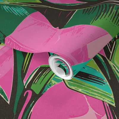 Spoonflower Pre-pasted Wallpaper Tropical Palm Leafs On Pink Vibrant Textured 2' X 12' Removable