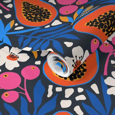 Spoonflower Pre-pasted Wallpaper Tropical Papaya Blue - Large  Removable