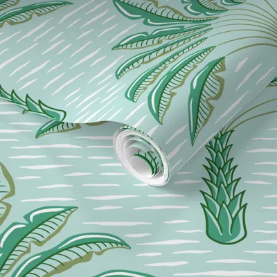 Spoonflower Pre-pasted Wallpaper Tropical Playful Palms/green On Mint/large 2' X 12' Removable