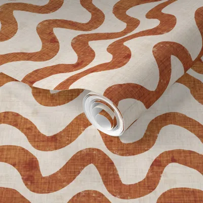 Spoonflower Pre-pasted Wallpaper Tropical Wiggly Lines Orange Beige 2' X 12' Removable
