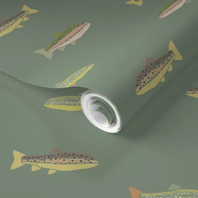 Spoonflower Pre-pasted Wallpaper Trout Fishing On Dark Green - Vintage Cabincore Lake Life 2' X 12' Removable
